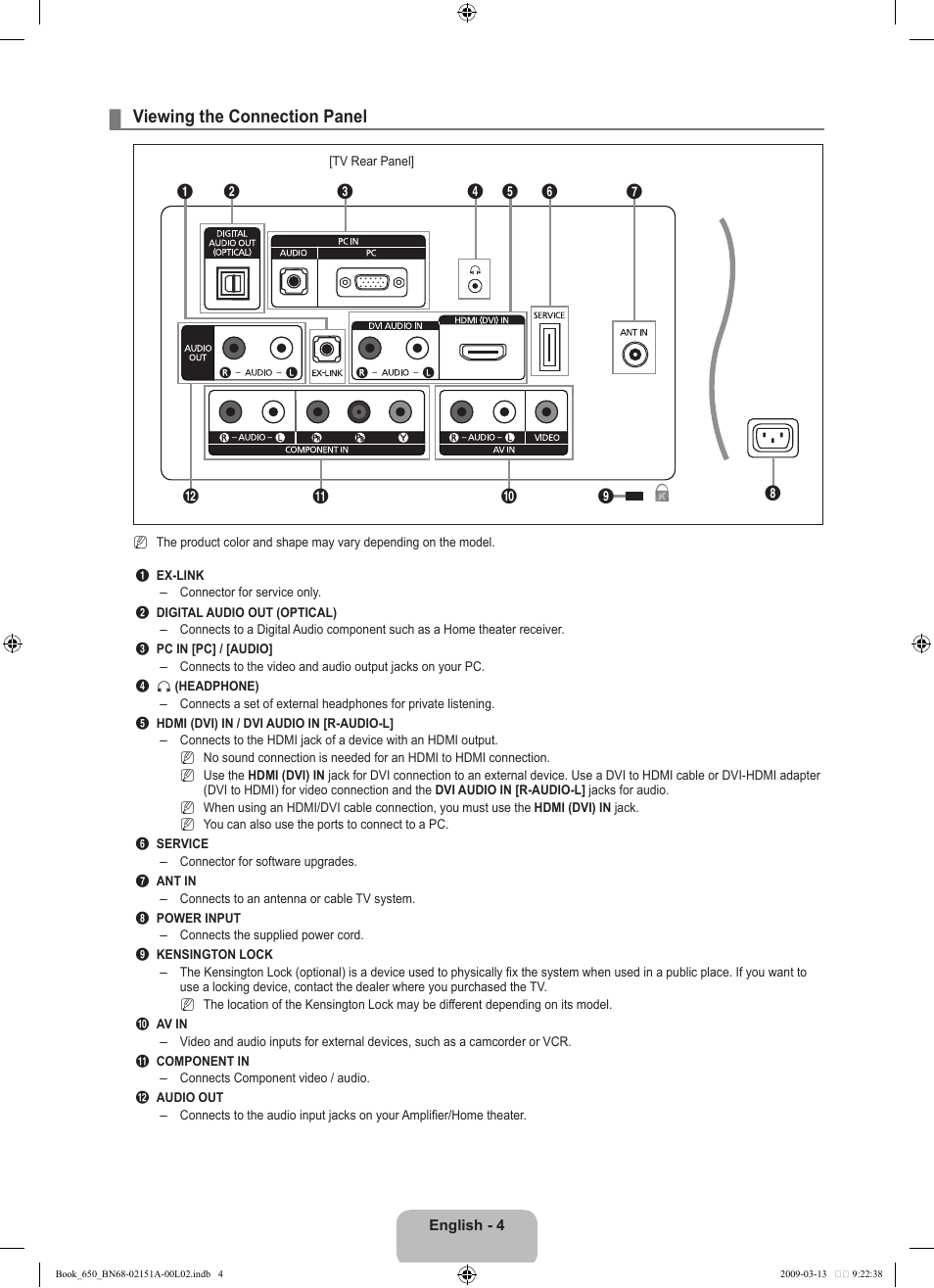 Viewing the connection panel | Samsung LN22B650T6DUZA User Manual | Page 6 / 67
