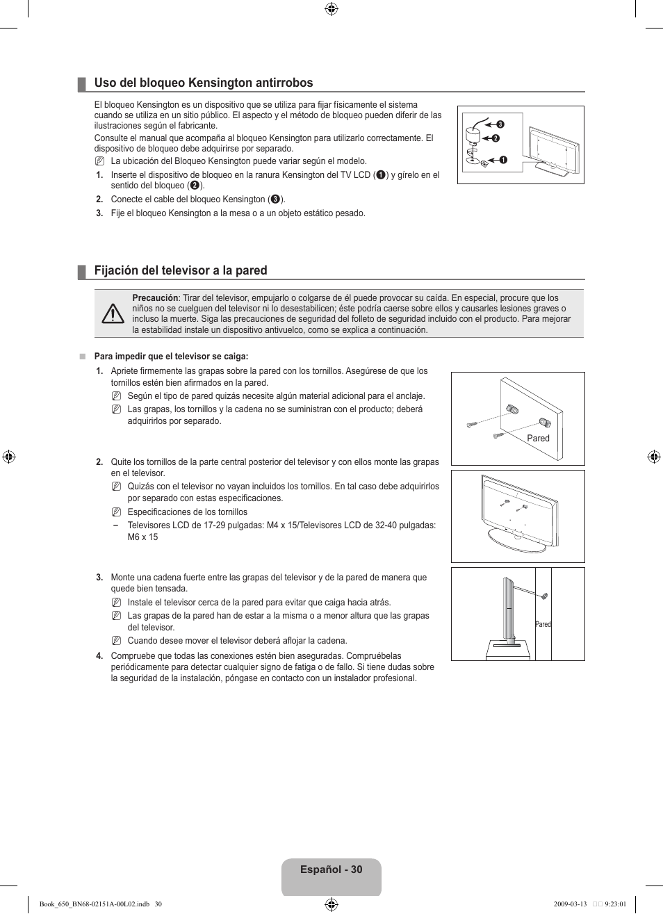 Uso del bloqueo kensington antirrobos, Fijación del televisor a la pared | Samsung LN22B650T6DUZA User Manual | Page 65 / 67