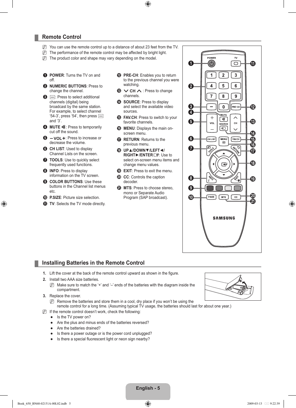 Remote control, Installing batteries in the remote control | Samsung LN22B650T6DUZA User Manual | Page 7 / 67