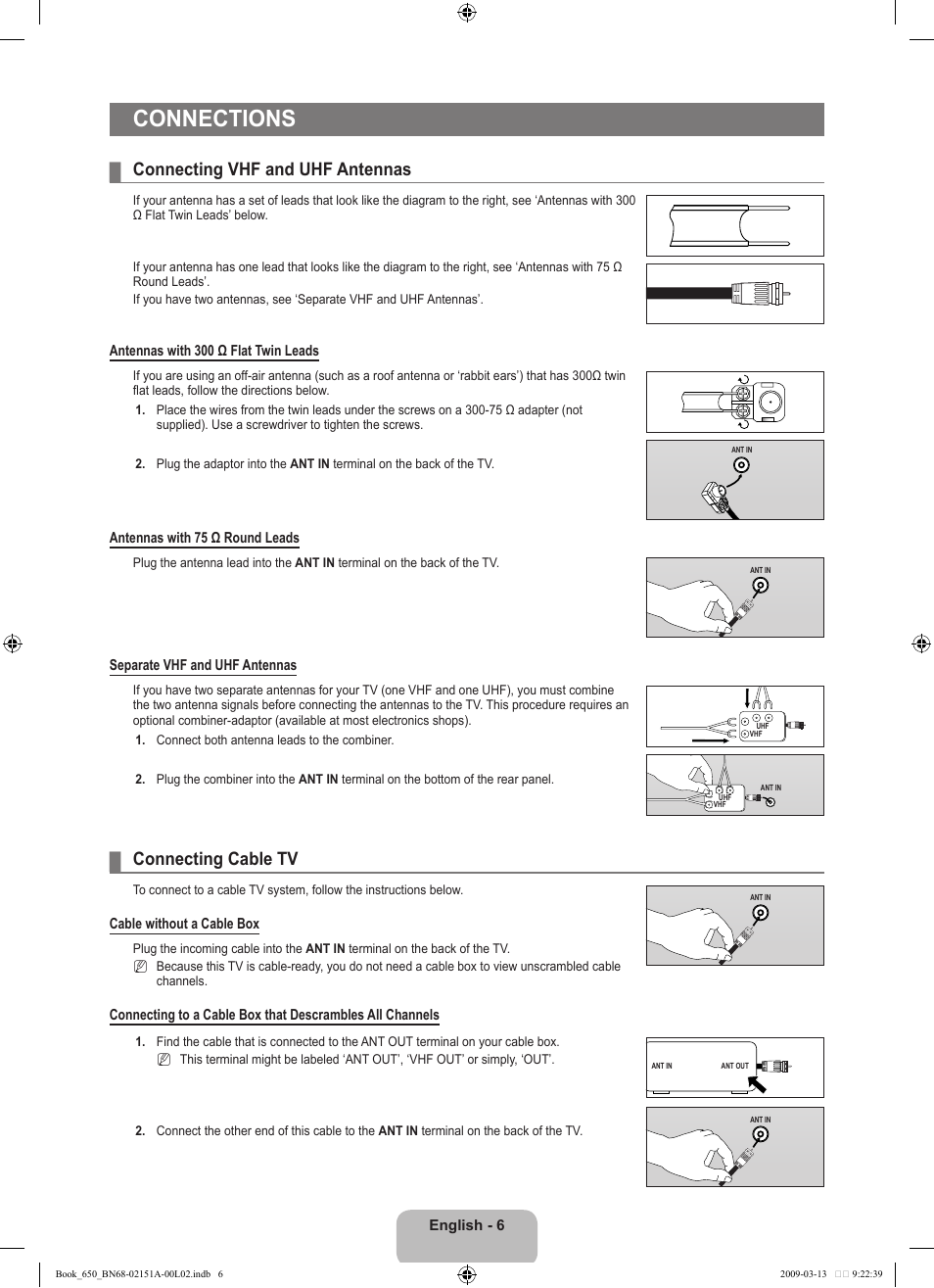 Connections, Connecting vhf and uhf antennas, Connecting cable tv | Samsung LN22B650T6DUZA User Manual | Page 8 / 67