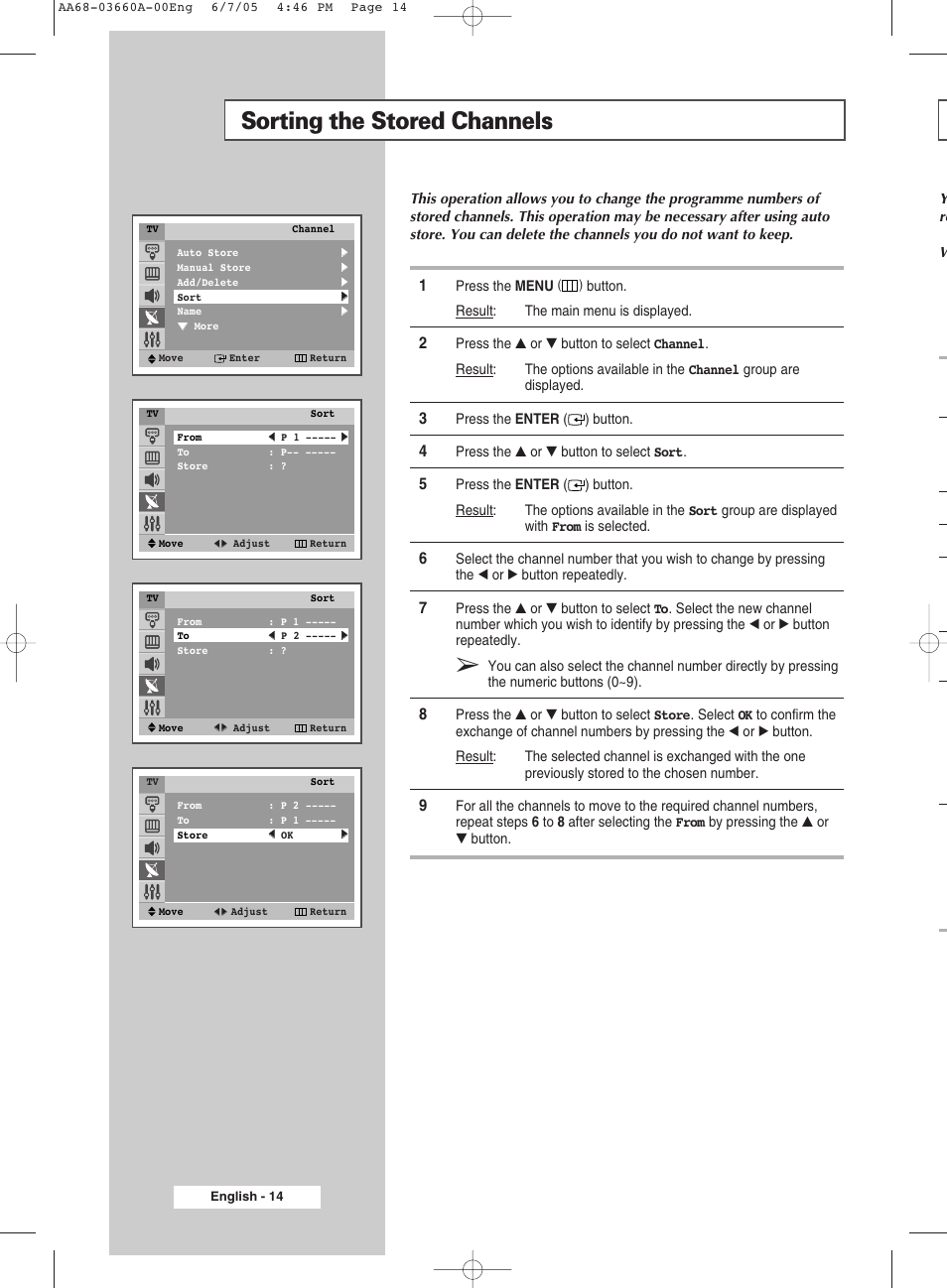 Sorting the stored channels | Samsung CW29M206PNXXEC User Manual | Page 14 / 48