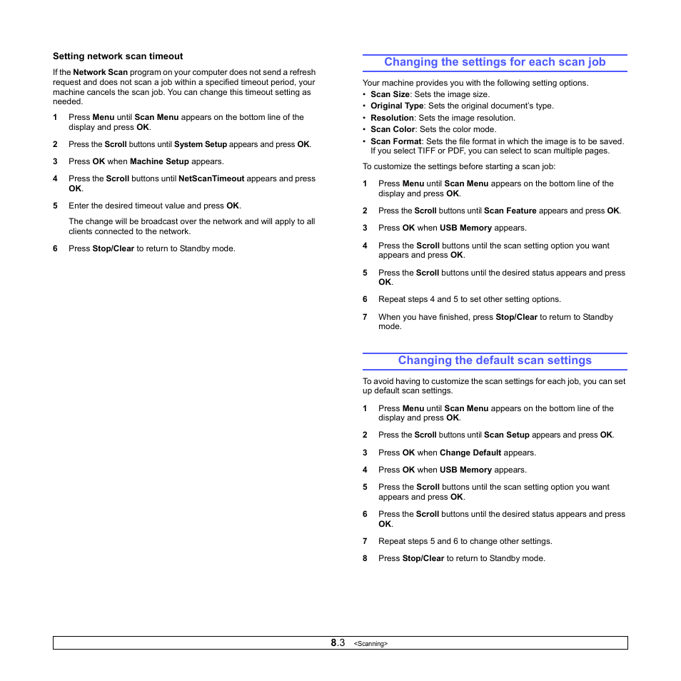 Changing the settings for each scan job, Changing the default scan settings | Samsung CLX-2160N-XAA User Manual | Page 40 / 118