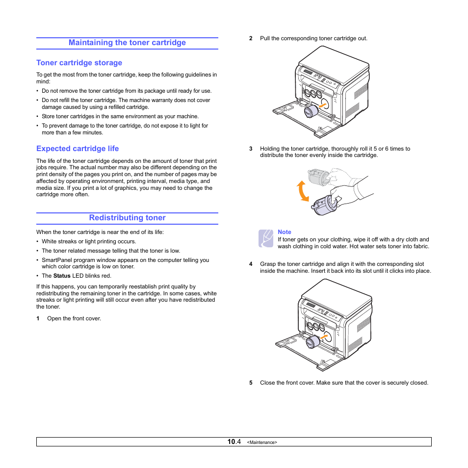 Maintaining the toner cartridge, Toner cartridge storage, Expected cartridge life | Redistributing toner, Toner cartridge storage expected cartridge life | Samsung CLX-2160N-XAA User Manual | Page 48 / 118