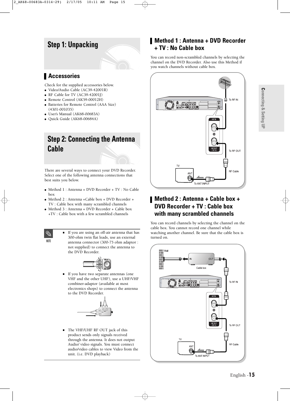Step 1: unpacking, Step 2: connecting the antenna cable, Accessories | English | Samsung DVD-R120-AFS User Manual | Page 15 / 72