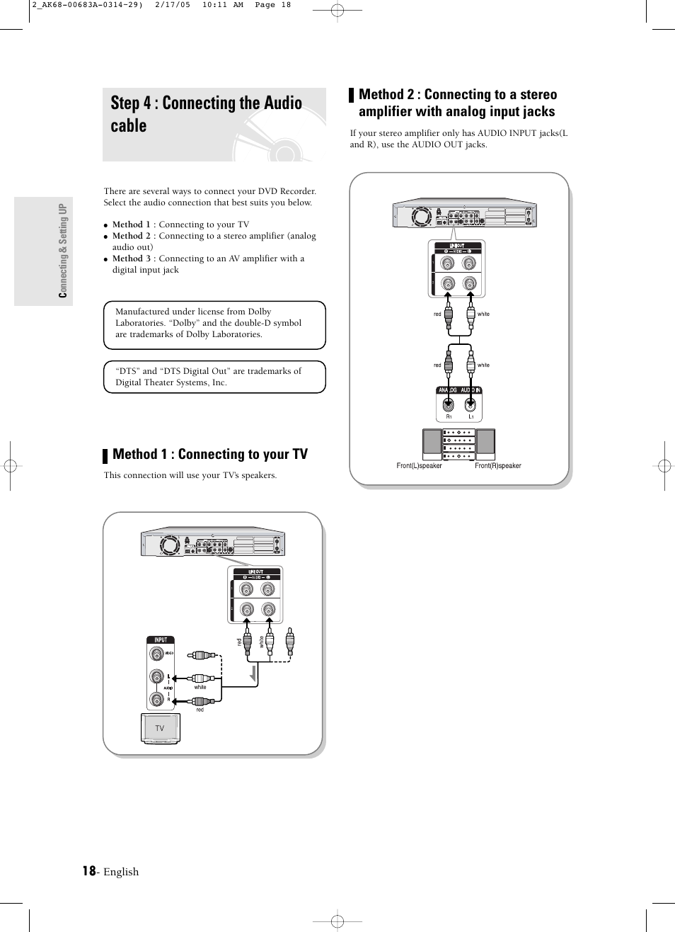 Step 4 : connecting the audio cable, Method 1 : connecting to your tv | Samsung DVD-R120-AFS User Manual | Page 18 / 72