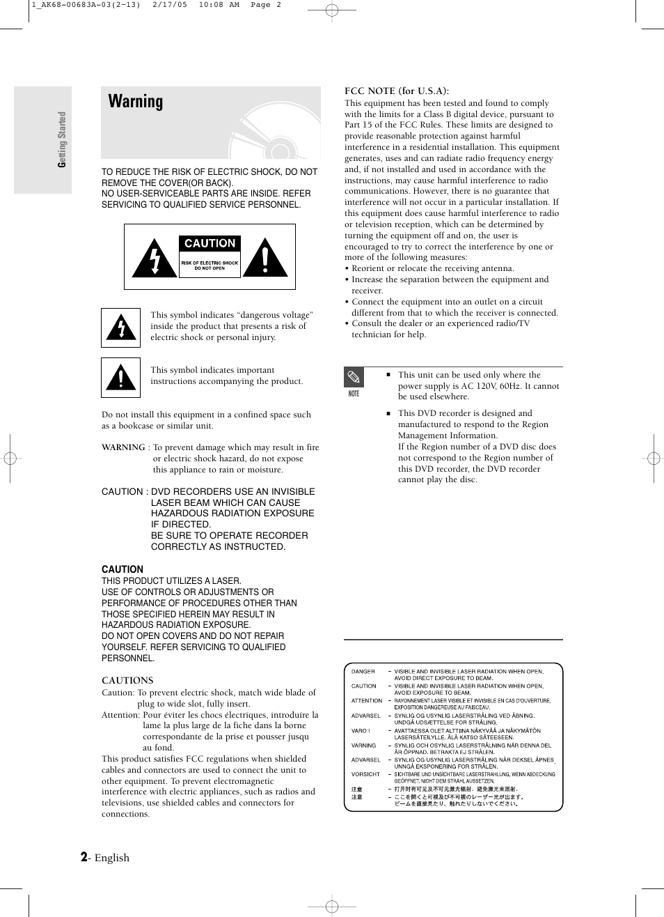 Warning | Samsung DVD-R120-AFS User Manual | Page 2 / 72