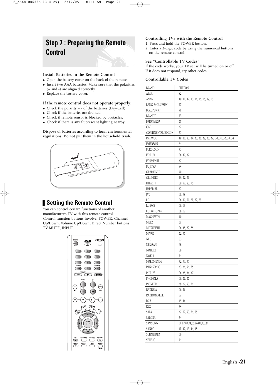 Step 7 : preparing the remote control, Setting the remote control | Samsung DVD-R120-AFS User Manual | Page 21 / 72
