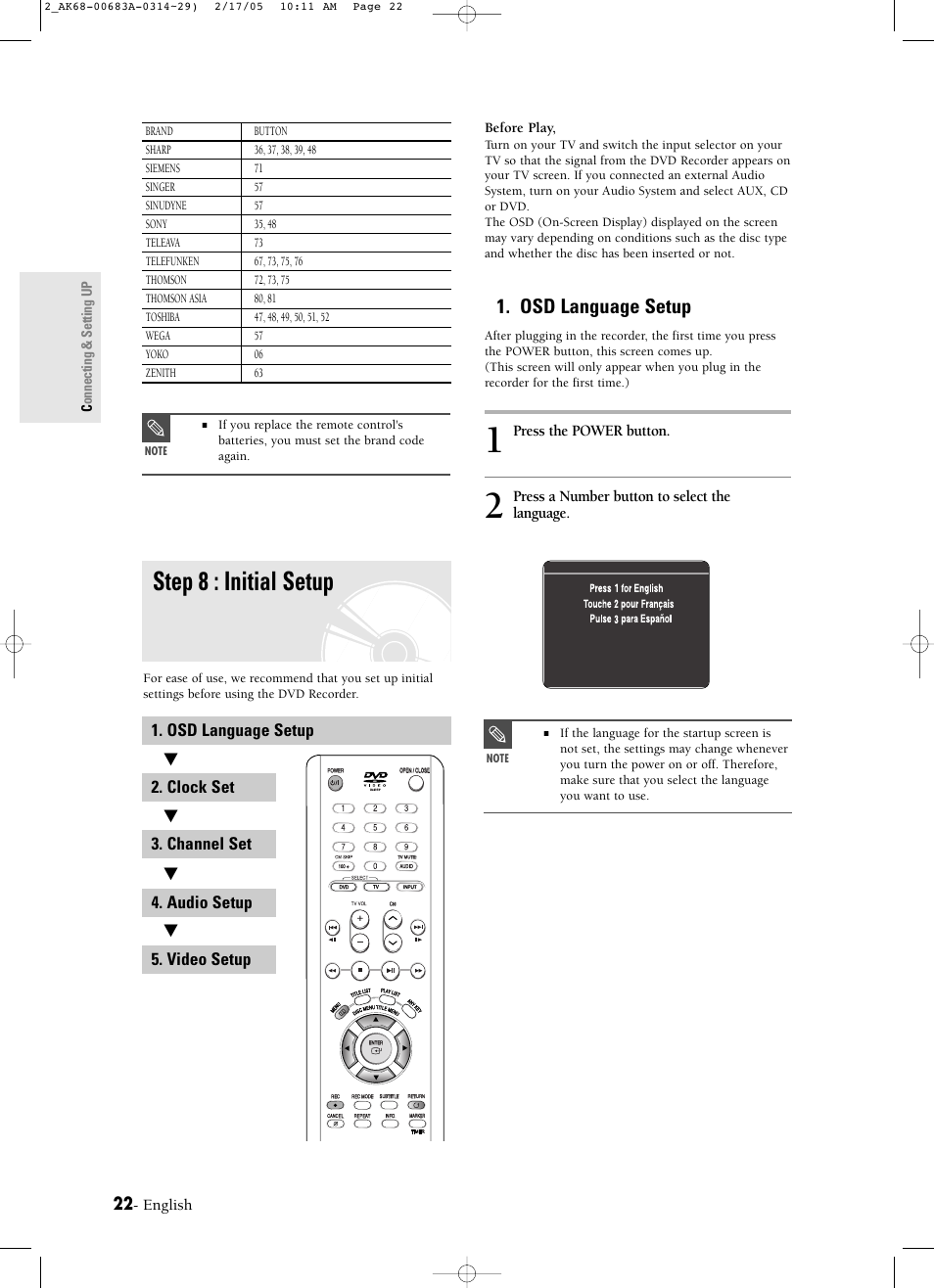 Step 8 : initial setup, Osd language setup, Press the power button | Press a number button to select the language, English | Samsung DVD-R120-AFS User Manual | Page 22 / 72