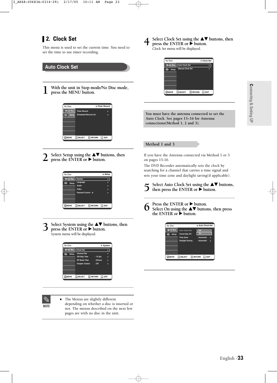 Clock set, Auto clock set, English | Connecting & setting up, Method 1 and 3, System menu will be displayed | Samsung DVD-R120-AFS User Manual | Page 23 / 72