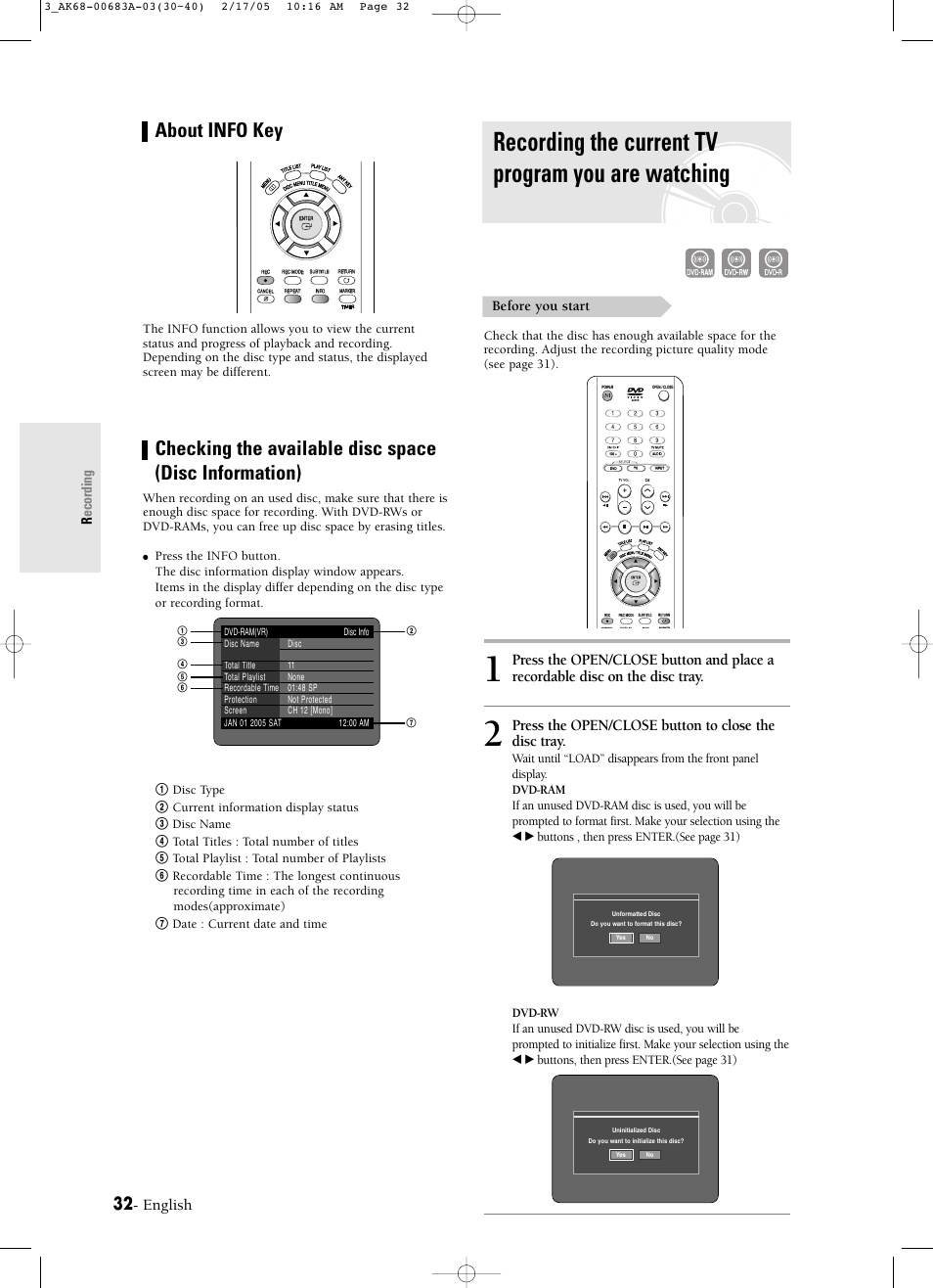 Recording the current tv program you are watching, About info key, English | Press the open/close button to close the disc tray, Recording, Before you start | Samsung DVD-R120-AFS User Manual | Page 32 / 72
