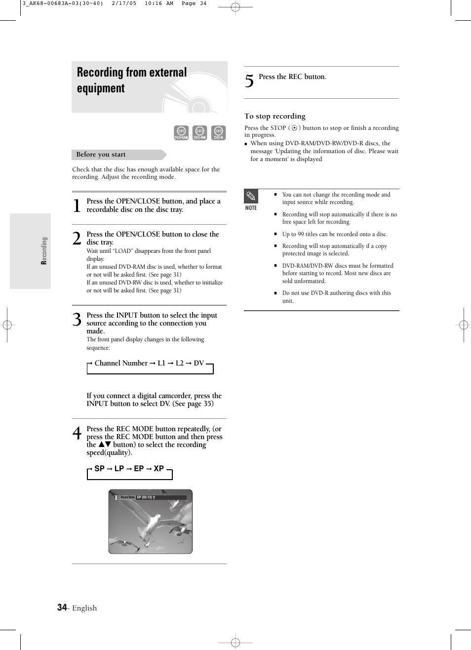 Recording from external equipment | Samsung DVD-R120-AFS User Manual | Page 34 / 72