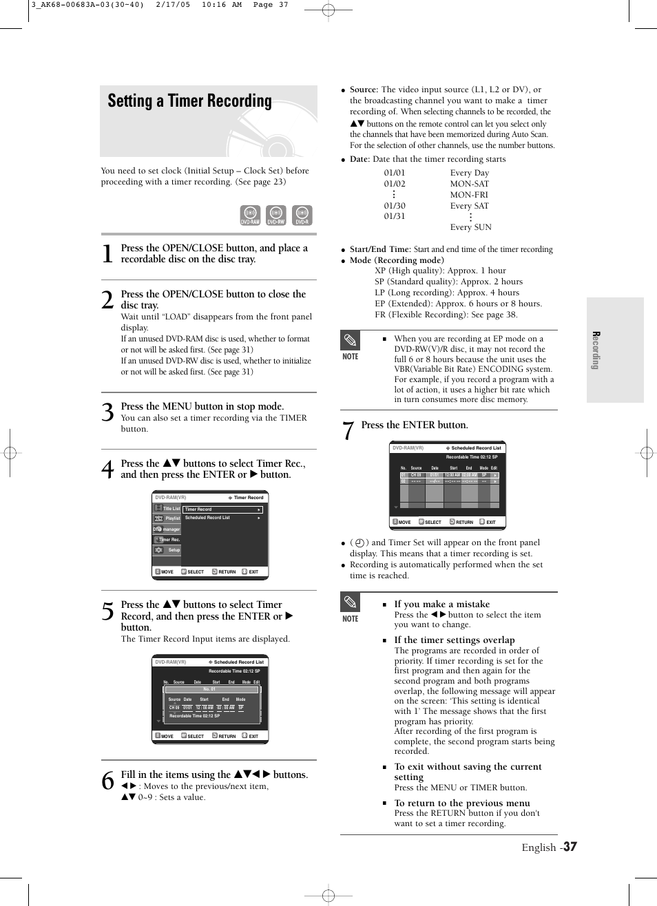 Setting a timer recording, English, Press the enter button | Press the open/close button to close the disc tray, Press the menu button in stop mode, Fill in the items using the …†œ √ buttons, Recording, If you make a mistake, If the timer settings overlap | Samsung DVD-R120-AFS User Manual | Page 37 / 72