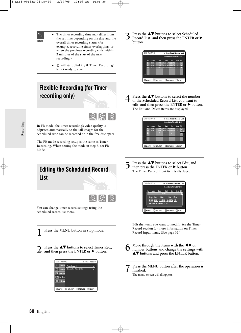 Flexible recording (for timer recording only), Editing the scheduled record list, English | Press the menu button in stop mode, Recording, The edit and delete items are displayed, The menu screen will disappear | Samsung DVD-R120-AFS User Manual | Page 38 / 72
