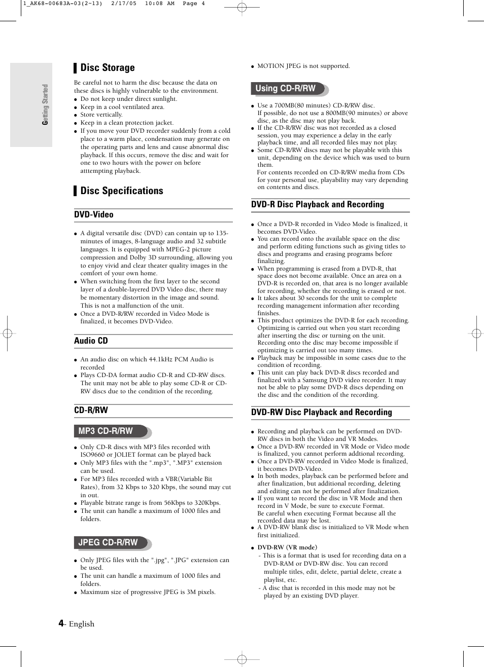 Disc storage, Disc specifications, Dvd-r disc playback and recording | Dvd-rw disc playback and recording, Dvd-video, Audio cd, Cd-r/rw, Mp3 cd-r/rw jpeg cd-r/rw using cd-r/rw, English | Samsung DVD-R120-AFS User Manual | Page 4 / 72