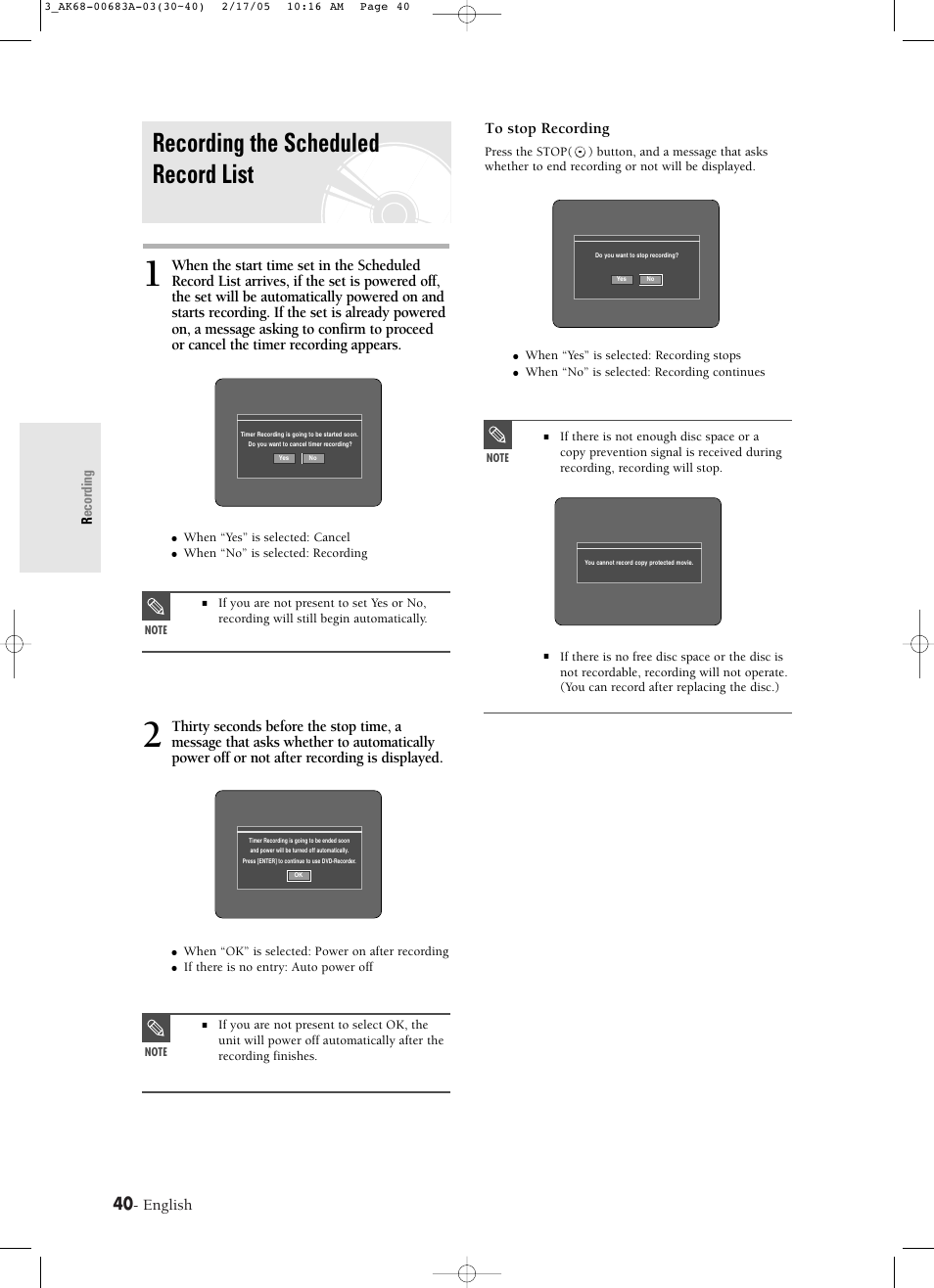 Recording the scheduled record list, English | Samsung DVD-R120-AFS User Manual | Page 40 / 72