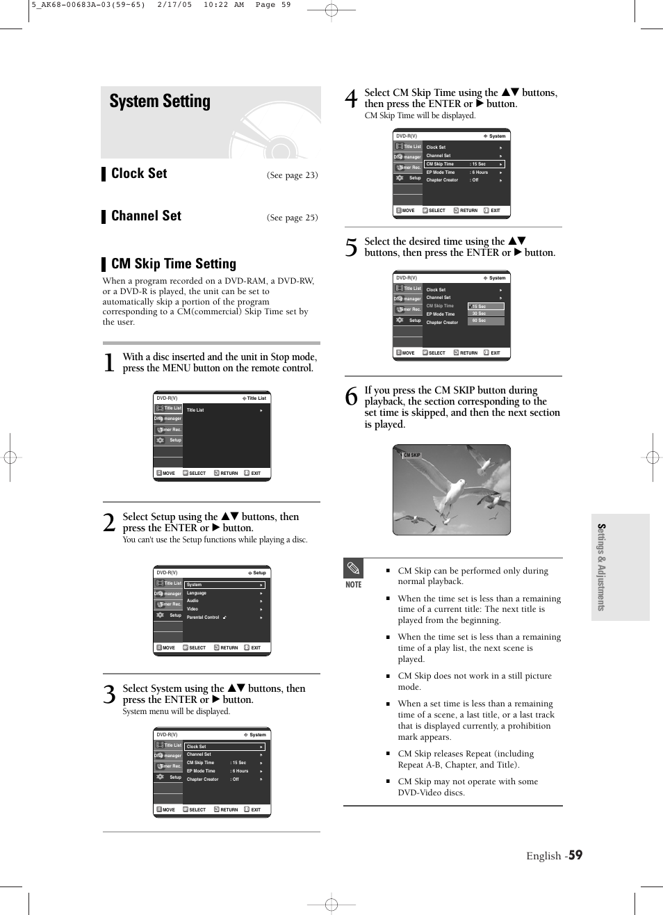 System setting, Clock set, Channel set | Cm skip time setting, English, Settings & adjustments, See page 23), See page 25), System menu will be displayed, Cm skip time will be displayed | Samsung DVD-R120-AFS User Manual | Page 41 / 72