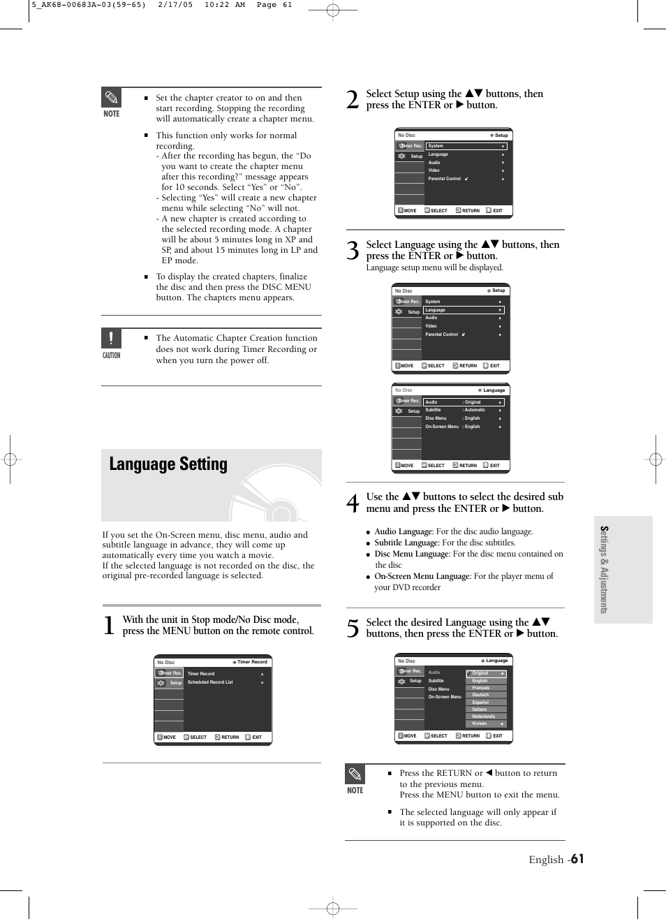 Language setting, English, Settings & adjustments | Language setup menu will be displayed, Audio language: for the disc audio language, Subtitle language: for the disc subtitles | Samsung DVD-R120-AFS User Manual | Page 43 / 72