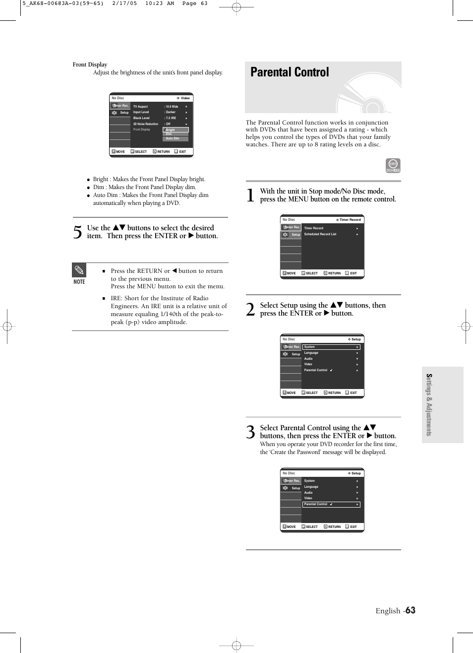 Parental control, English, Settings & adjustments | Bright : makes the front panel display bright, Dim : makes the front panel display dim | Samsung DVD-R120-AFS User Manual | Page 45 / 72