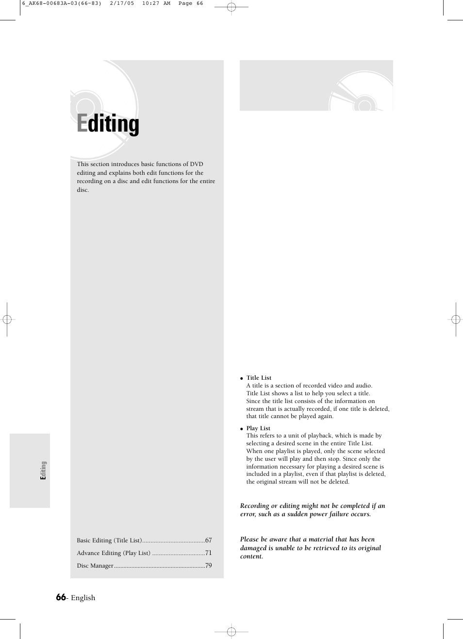Editing | Samsung DVD-R120-AFS User Manual | Page 48 / 72