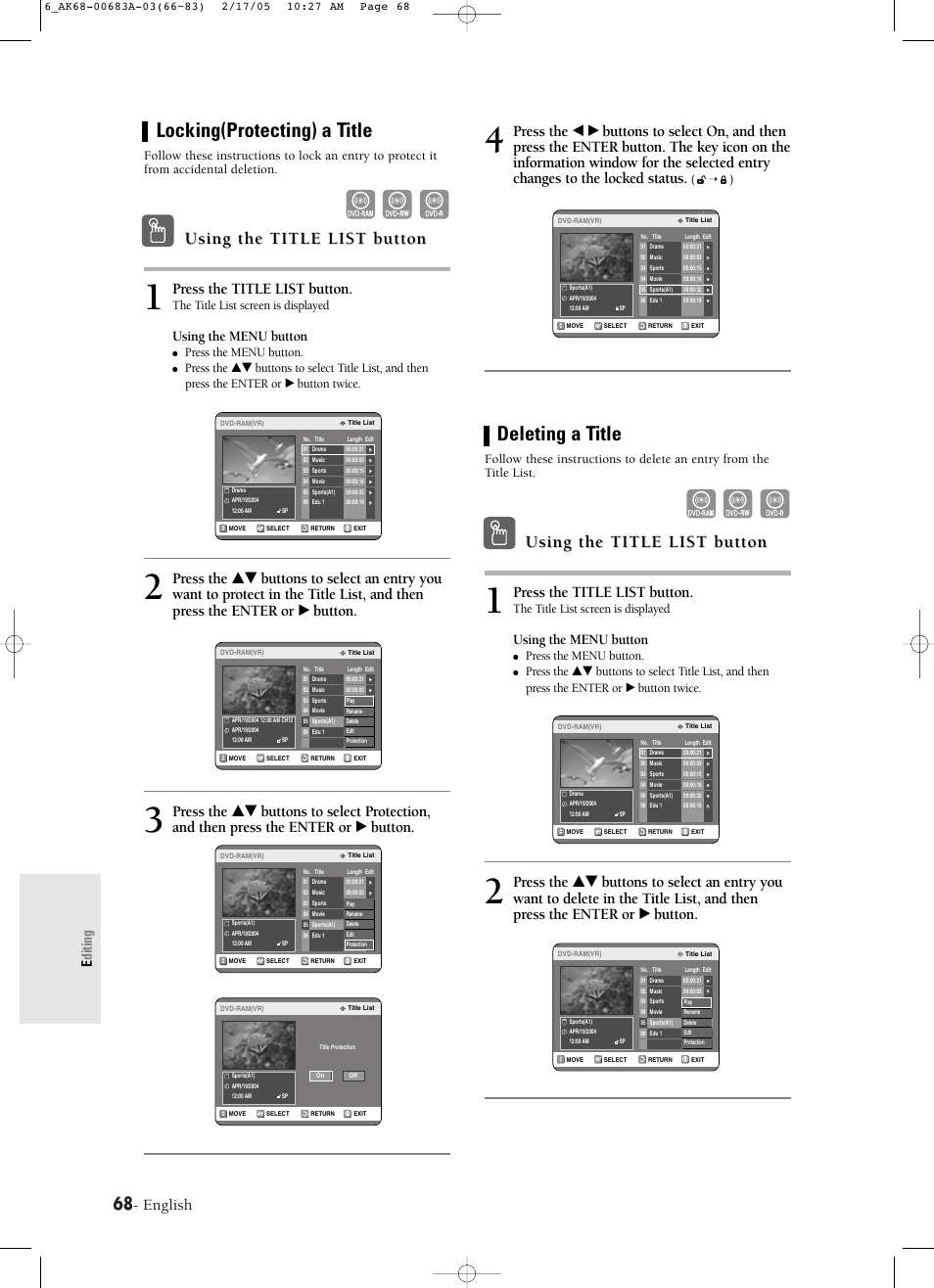 Locking(protecting) a title, Deleting a title, Using the title list button | English, Press the title list button, Editing, Using the menu button, The title list screen is displayed, Press the menu button | Samsung DVD-R120-AFS User Manual | Page 50 / 72