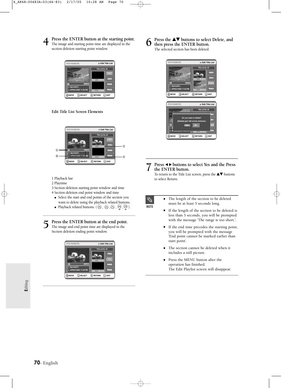 English, Press the enter button at the starting point, Press the enter button at the end point | Press, Editing, Edit title list screen elements, Playback related buttons: ( , , , , ) | Samsung DVD-R120-AFS User Manual | Page 52 / 72