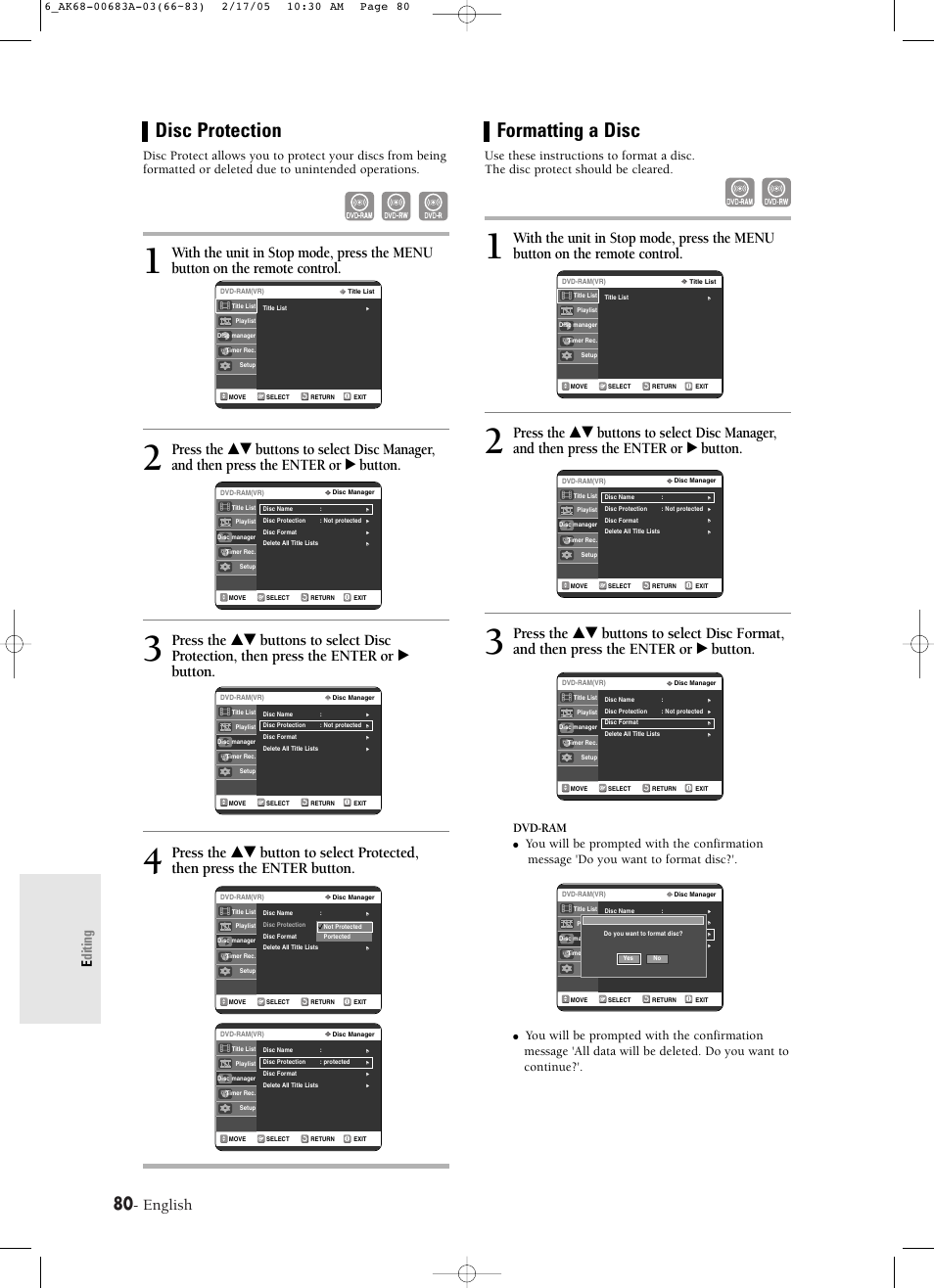 Disc protection, Formatting a disc, English | Editing, Dvd-ram | Samsung DVD-R120-AFS User Manual | Page 62 / 72