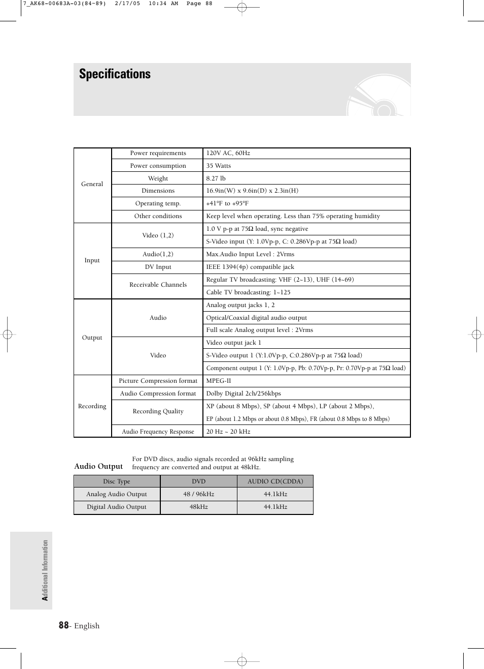 Specifications | Samsung DVD-R120-AFS User Manual | Page 70 / 72