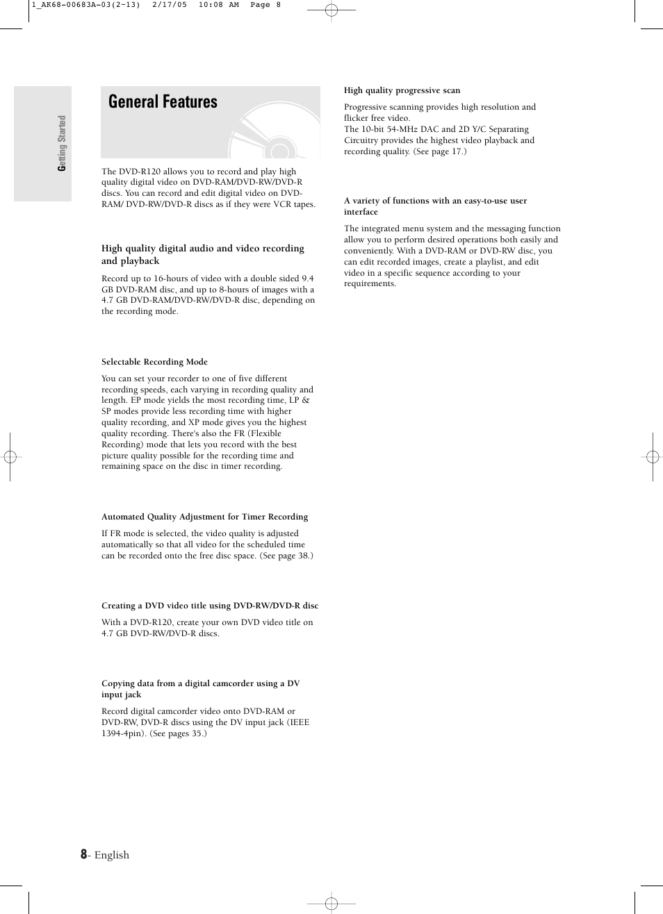 General features | Samsung DVD-R120-AFS User Manual | Page 8 / 72