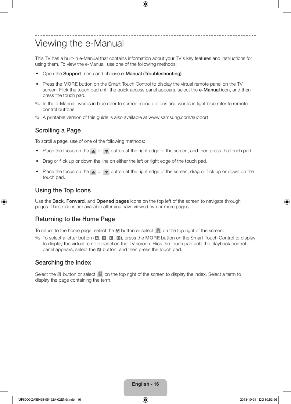 Viewing the e-manual, Scrolling a page, Using the top icons | Returning to the home page, Searching the index | Samsung UN60F8000BFXZA User Manual | Page 16 / 38