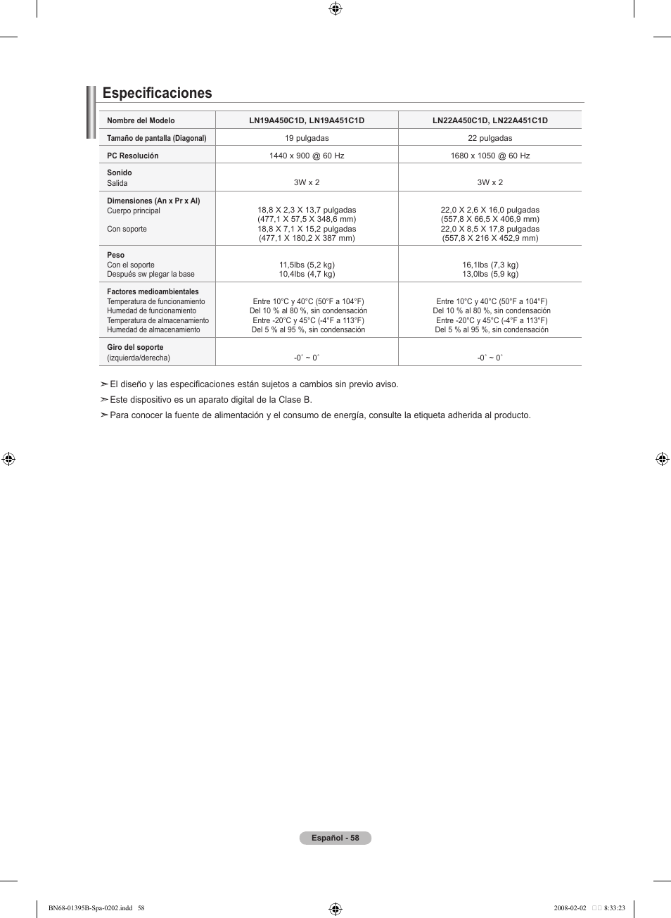Especificaciones | Samsung LN22A450C1DXZA User Manual | Page 120 / 121