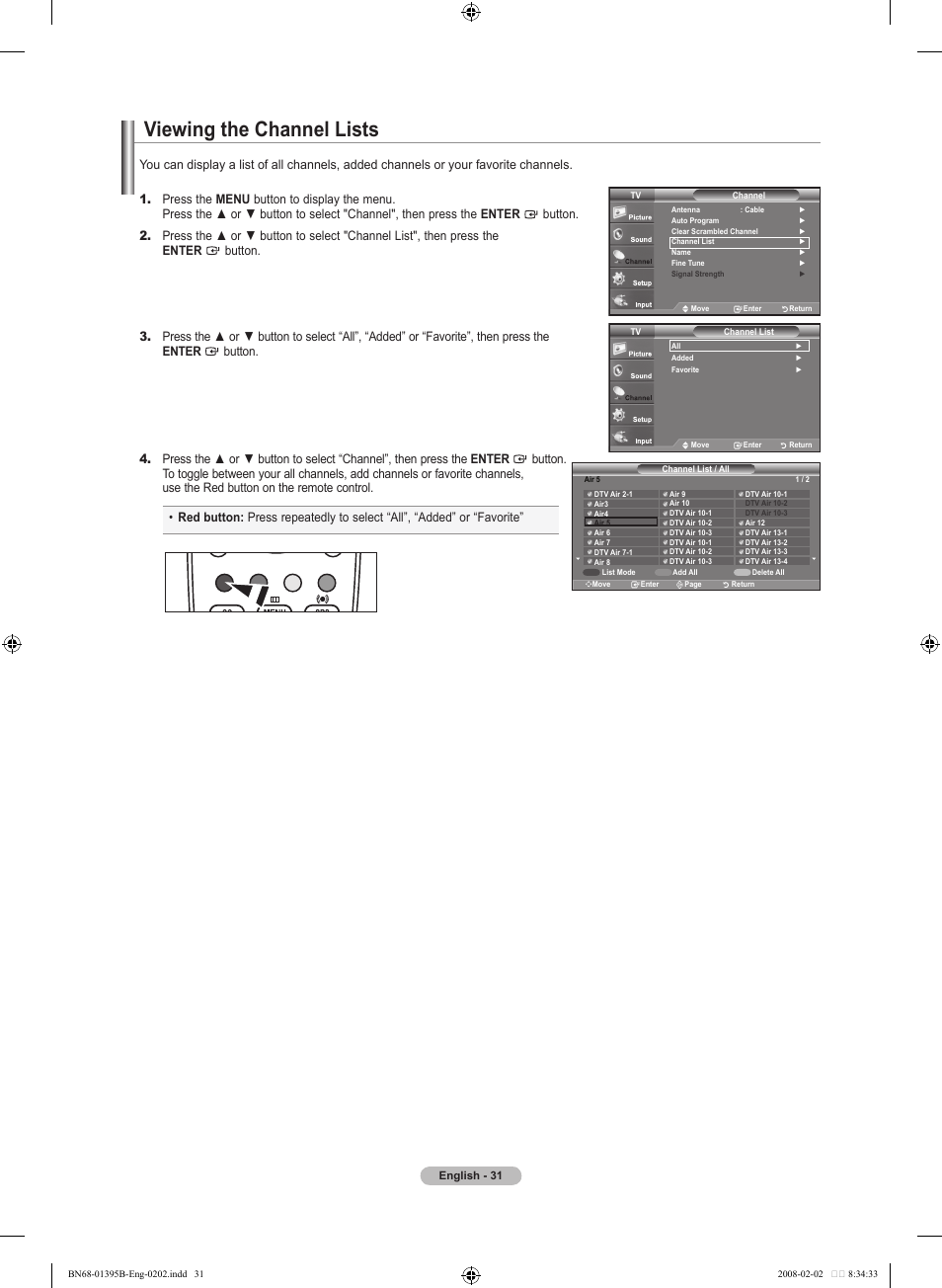 Viewing the channel lists | Samsung LN22A450C1DXZA User Manual | Page 33 / 121