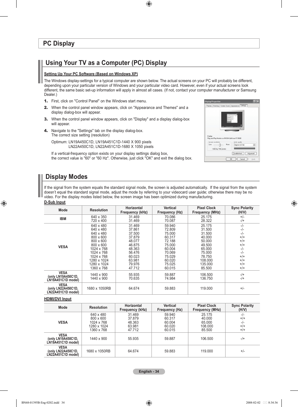 Pc display, Using your tv as a computer (pc) display, Display modes | Pc display display modes | Samsung LN22A450C1DXZA User Manual | Page 36 / 121
