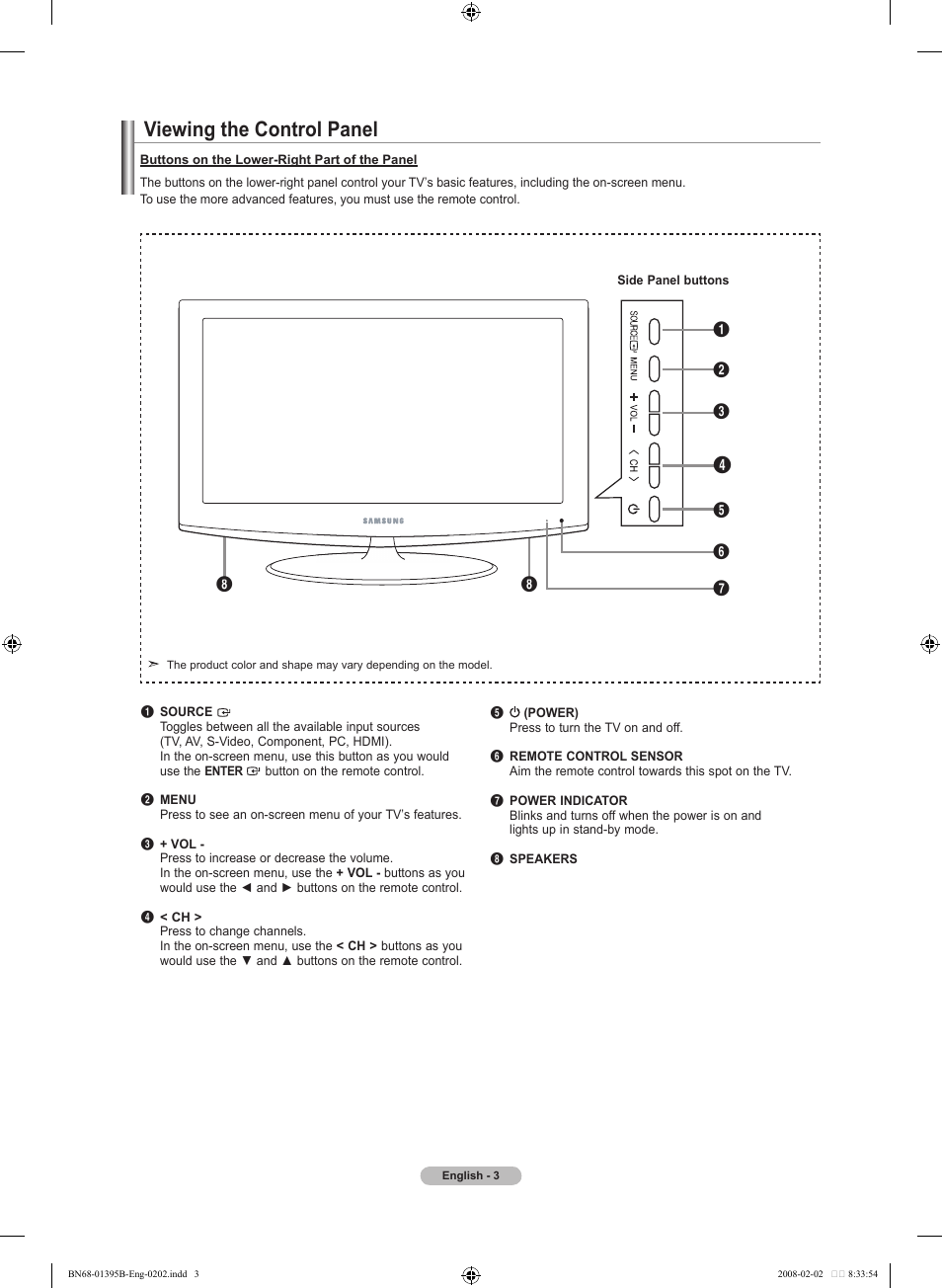 Viewing the control panel | Samsung LN22A450C1DXZA User Manual | Page 5 / 121