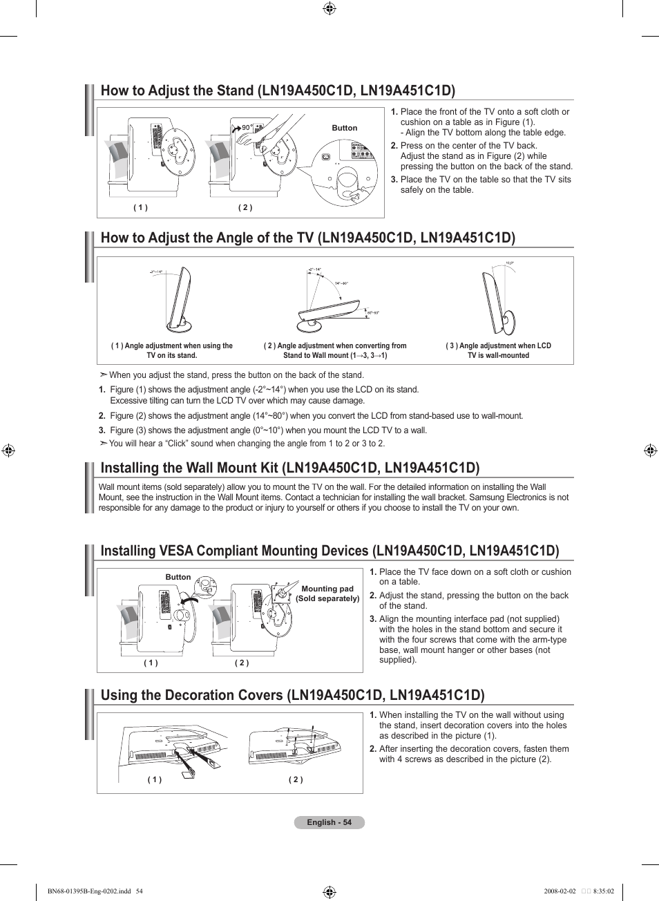 How to adjust the stand (ln19a450c1d, ln19a451c1d | Samsung LN22A450C1DXZA User Manual | Page 56 / 121