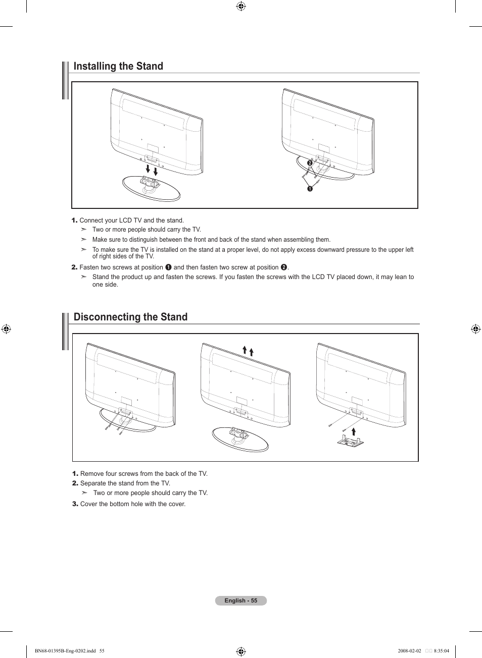 Installing the stand, Disconnecting the stand | Samsung LN22A450C1DXZA User Manual | Page 57 / 121