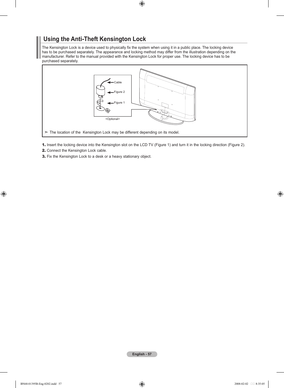 Using the anti-theft kensington lock | Samsung LN22A450C1DXZA User Manual | Page 59 / 121
