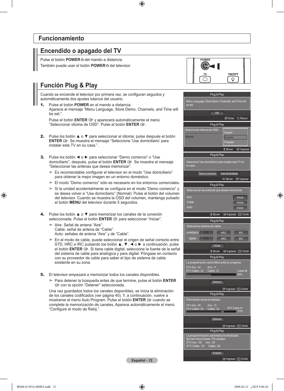 Encendido o apagado del tv, Funcionamiento función plug & play | Samsung LN37A550P3FXZA User Manual | Page 118 / 201