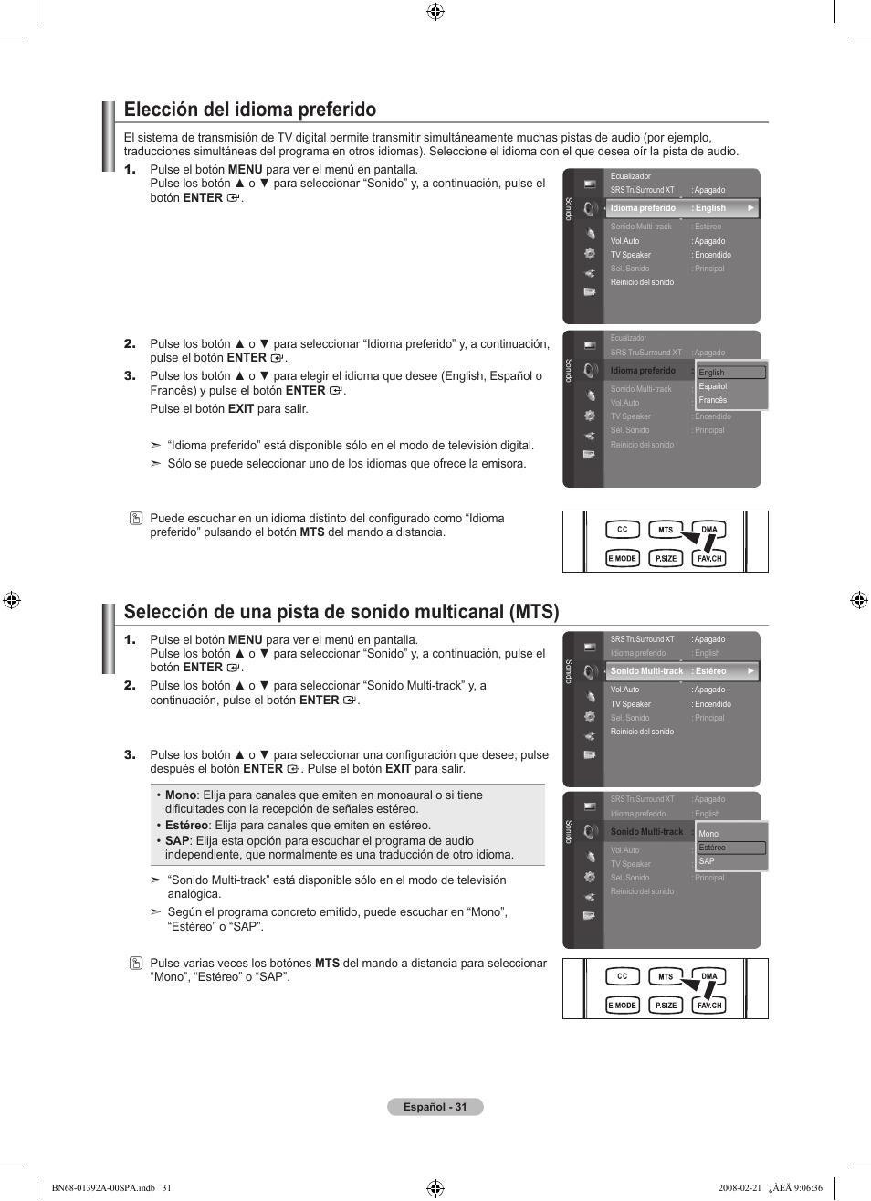 Elección del idioma preferido, Selección de una pista de sonido multicanal (mts) | Samsung LN37A550P3FXZA User Manual | Page 137 / 201
