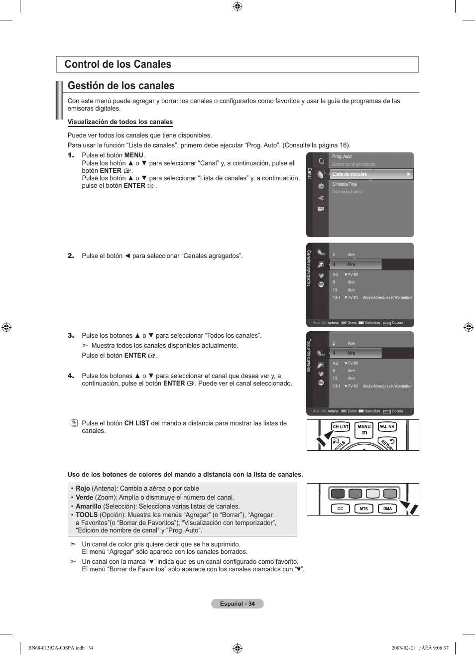 Gestión de los canales, Control de los canales | Samsung LN37A550P3FXZA User Manual | Page 140 / 201
