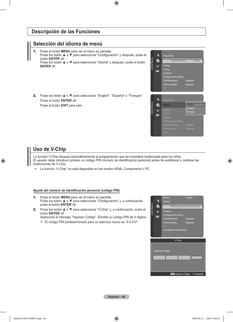 Selección del idioma de menú, Descripción de las funciones uso de v-chip | Samsung LN37A550P3FXZA User Manual | Page 155 / 201