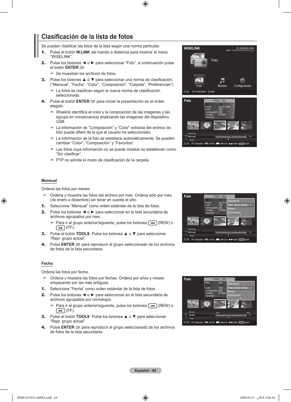 Clasificación de la lista de fotos | Samsung LN37A550P3FXZA User Manual | Page 170 / 201