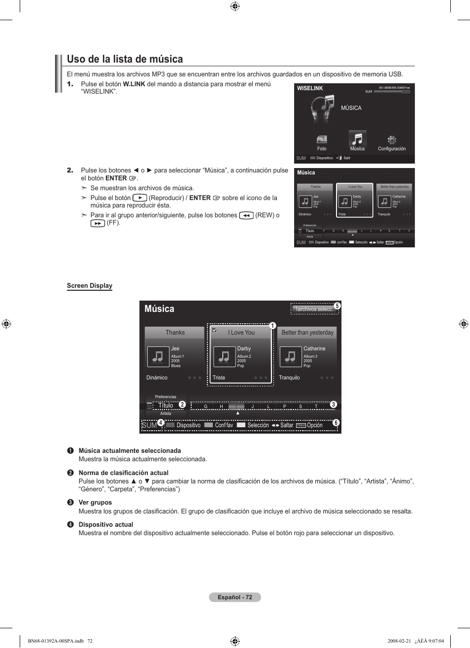 Uso de la lista de música, Música, Dispositivo  conf fav  selección saltar | Opción, Título, I love you, Better than yesterday | Samsung LN37A550P3FXZA User Manual | Page 178 / 201