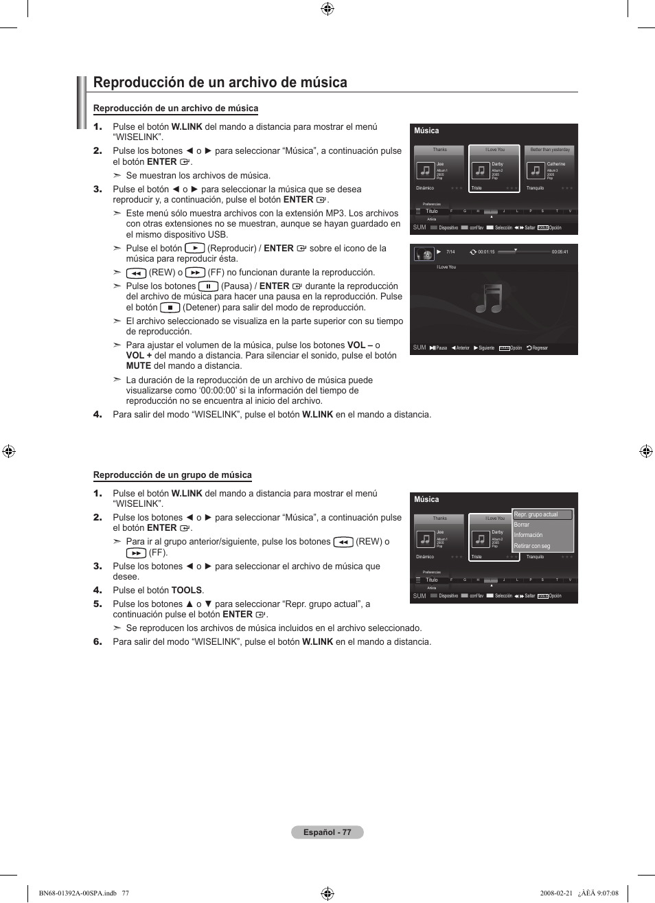 Reproducción de un archivo de música | Samsung LN37A550P3FXZA User Manual | Page 183 / 201