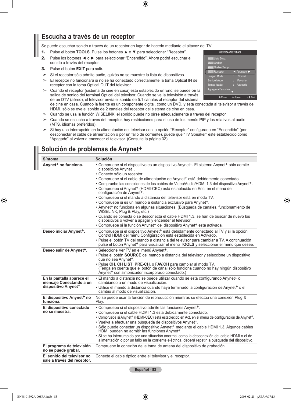 Escucha a través de un receptor, Solución de problemas de anynet | Samsung LN37A550P3FXZA User Manual | Page 189 / 201