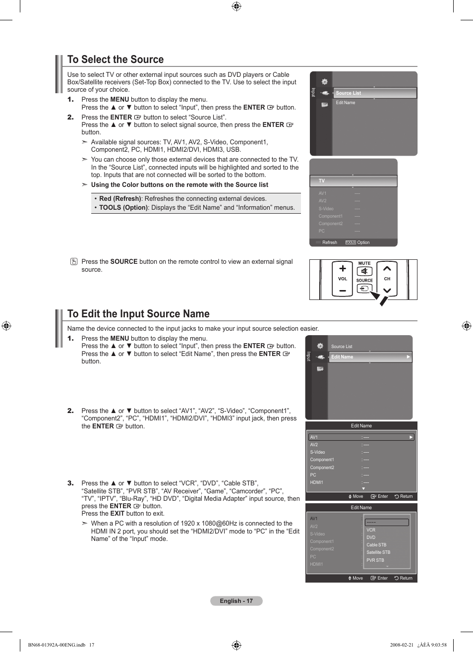 To select the source, To edit the input source name, Picture control | Samsung LN37A550P3FXZA User Manual | Page 19 / 201