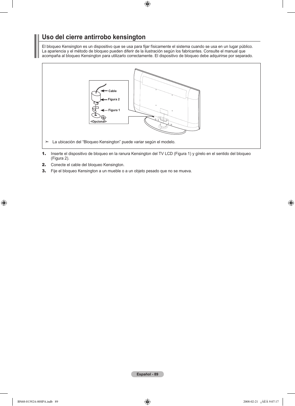 Uso del cierre antirrobo kensington | Samsung LN37A550P3FXZA User Manual | Page 195 / 201
