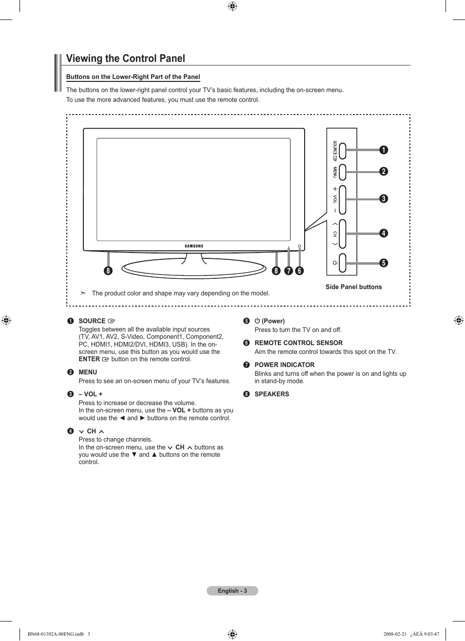 Viewing the control panel, Installing batteries in the remote control | Samsung LN37A550P3FXZA User Manual | Page 5 / 201