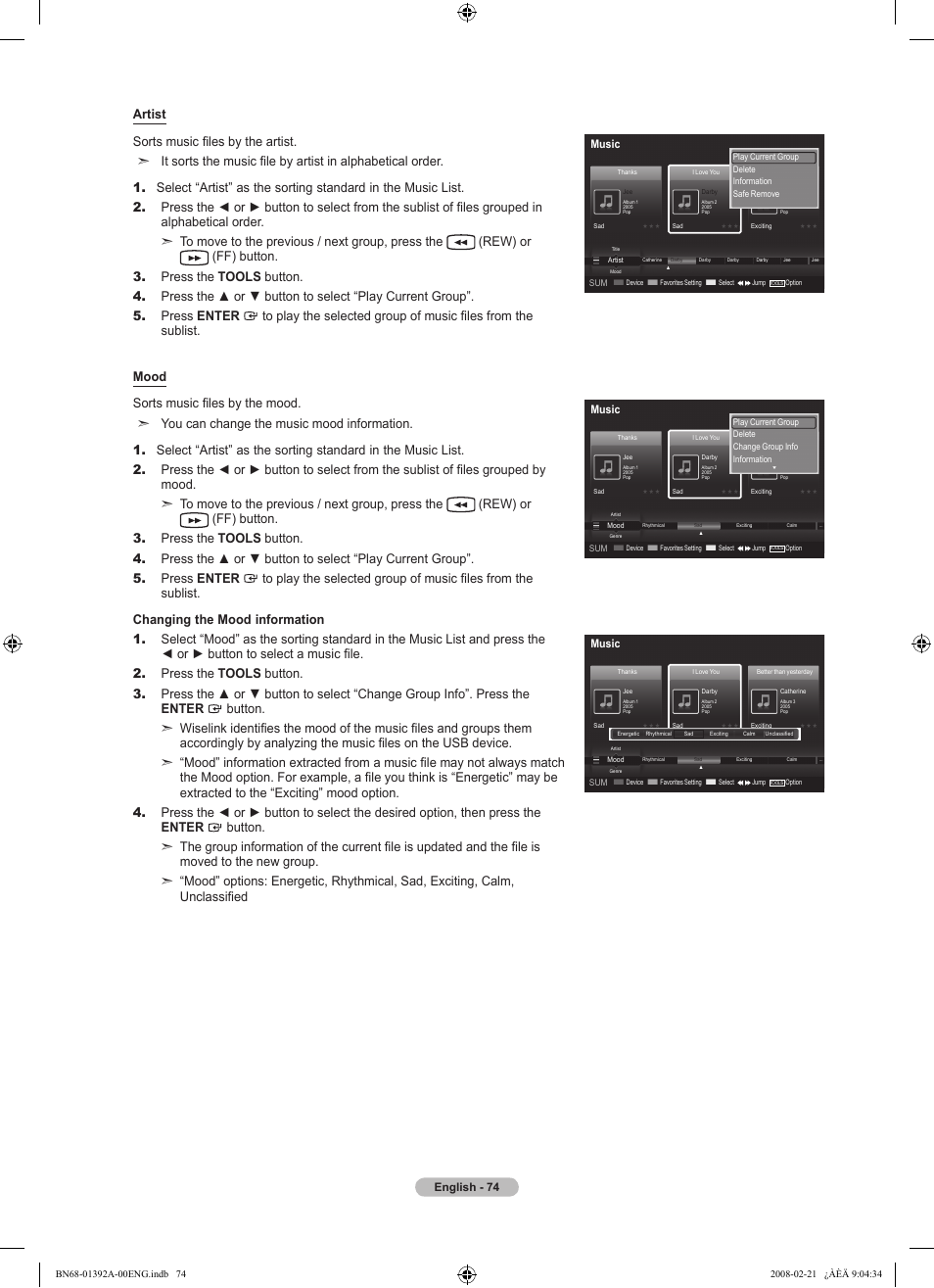 English - 74, Music | Samsung LN37A550P3FXZA User Manual | Page 76 / 201