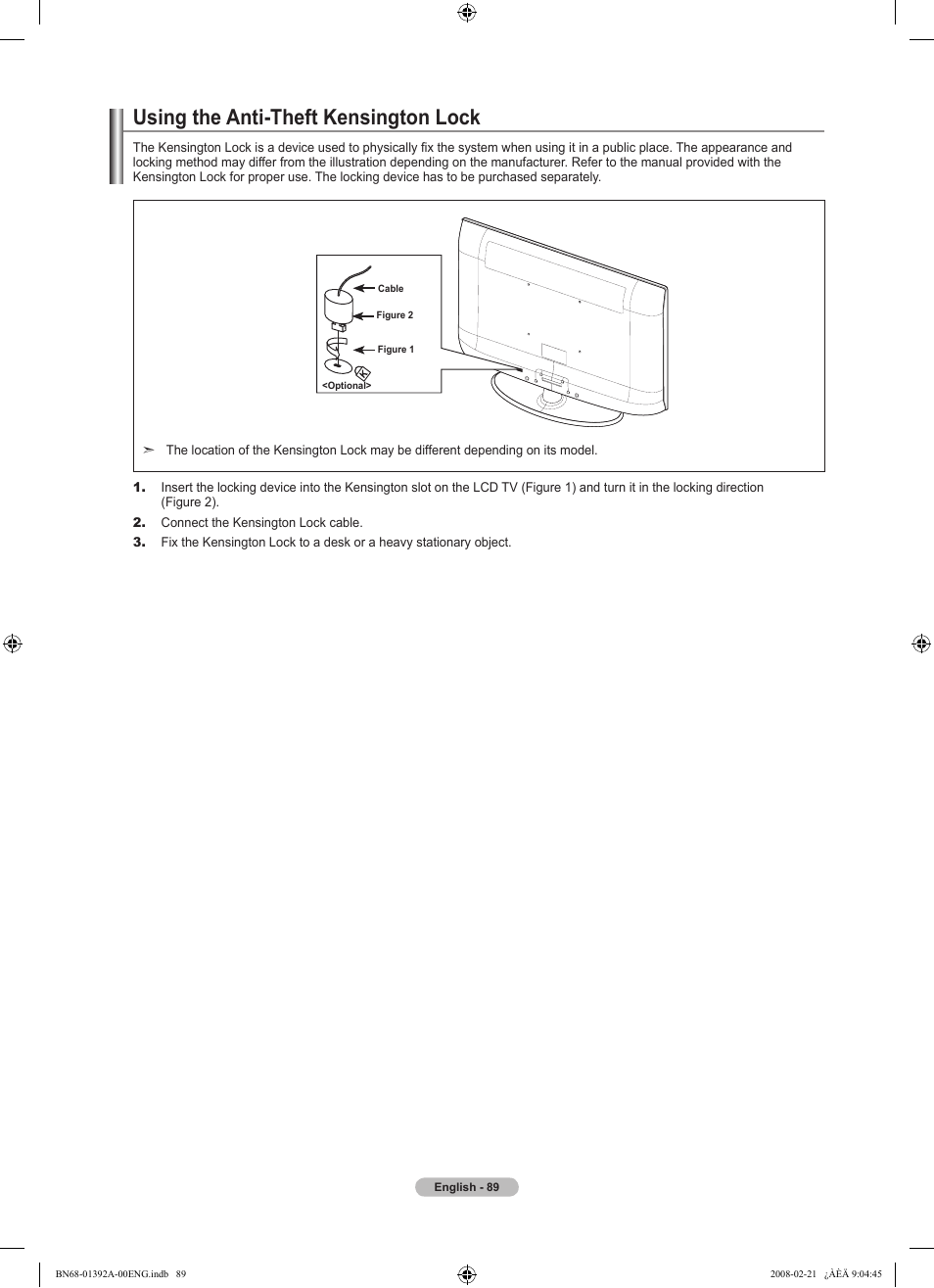 Using the anti-theft kensington lock | Samsung LN37A550P3FXZA User Manual | Page 91 / 201
