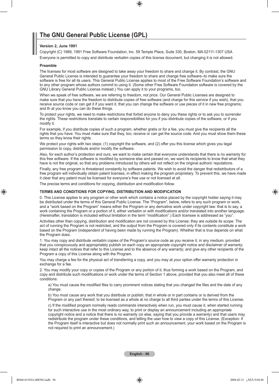 The gnu general public license (gpl) | Samsung LN37A550P3FXZA User Manual | Page 98 / 201